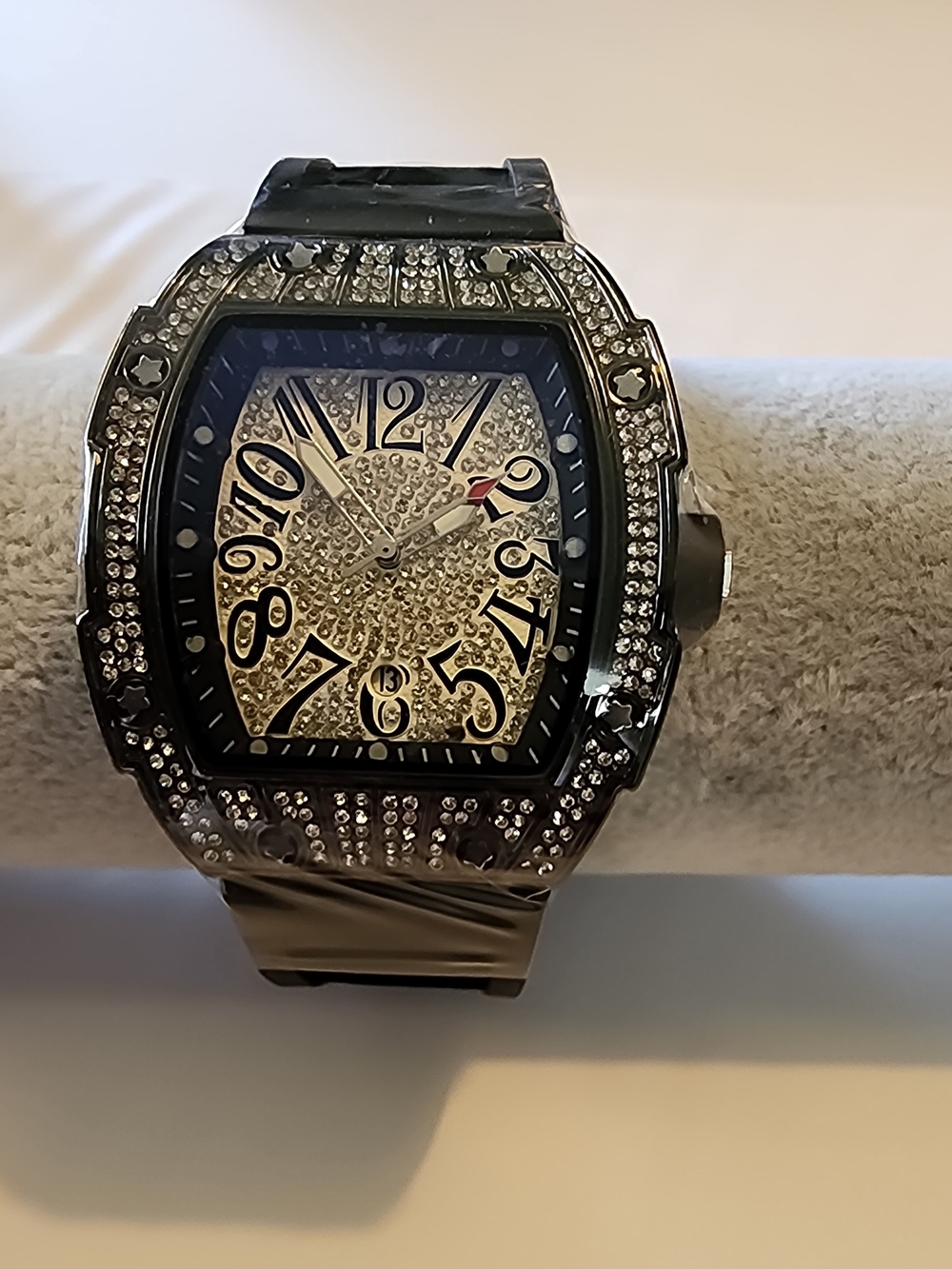 Men’s Black Iced-Out Rhinestone Watch w/ Silicone Band